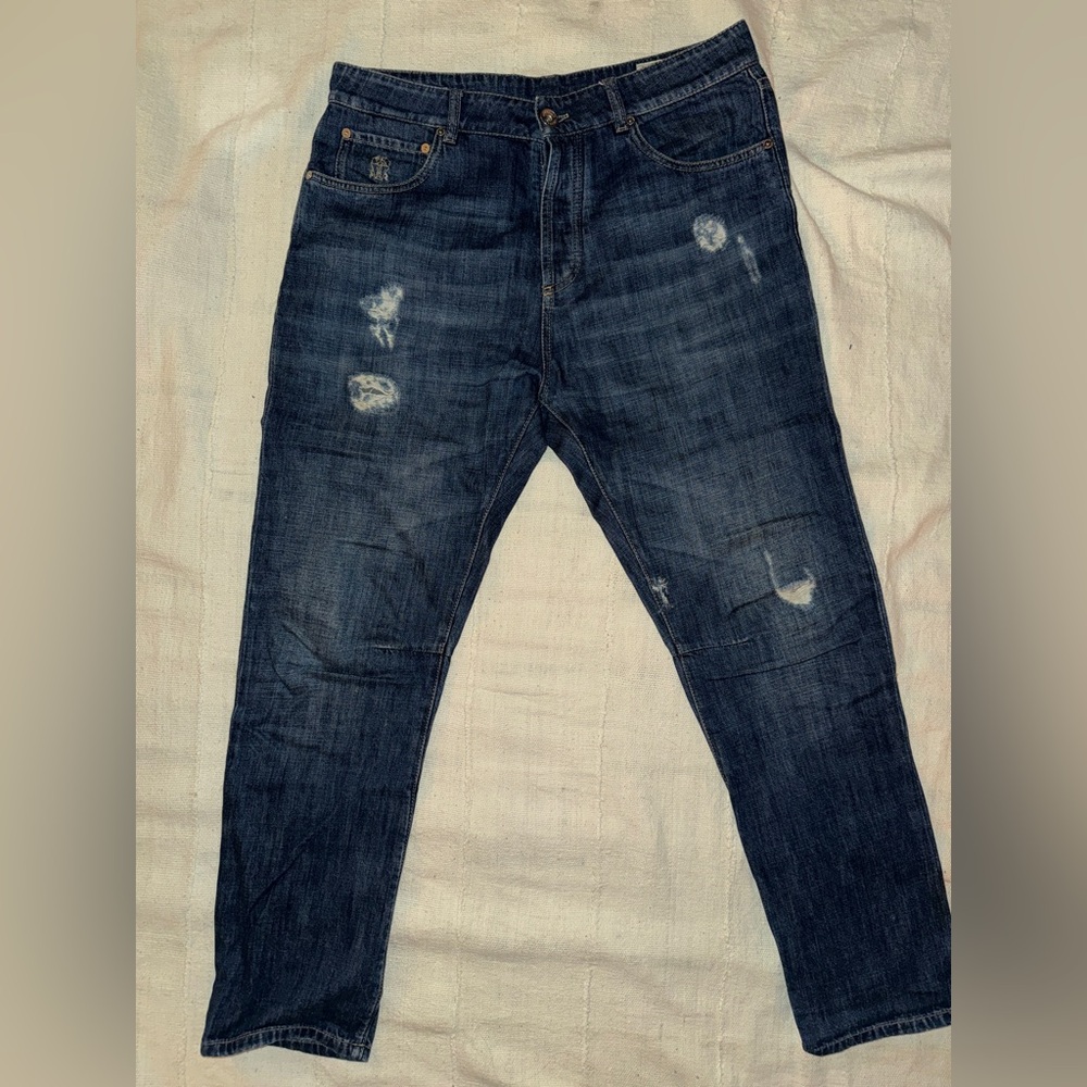 Brunello Cucinelli Men's Dark Blue Distressed Skinny Jeans